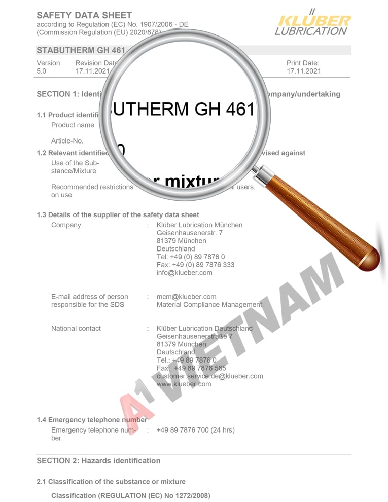 Mỡ Kluber Stabutherm GH 461 - MSDS