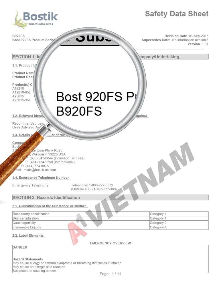 MSDS Keo Bostik 920 FS