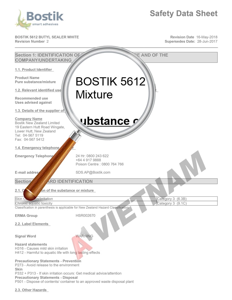 MSDS Keo Bostik 5612