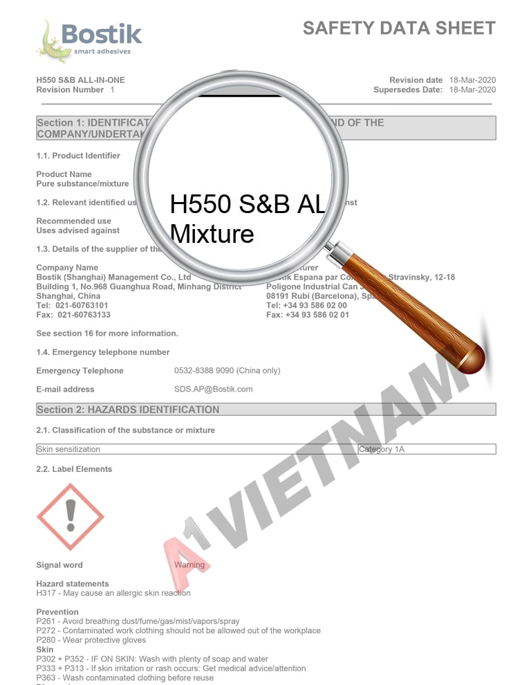 MSDS Keo Bostik H550