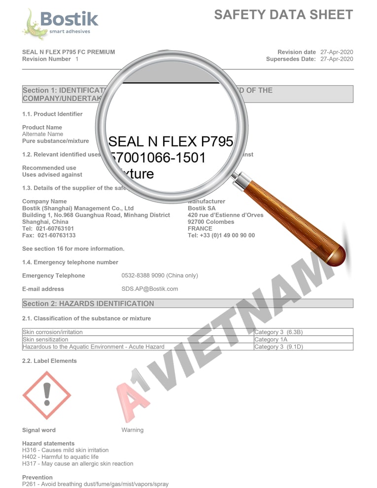 MSDS Keo Bostik Seal N Flex P795