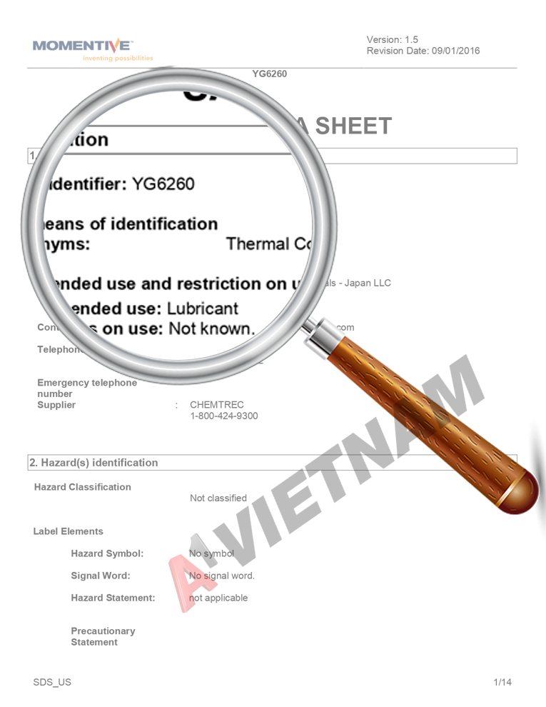 Mỡ Momentive YG 6260 MSDS